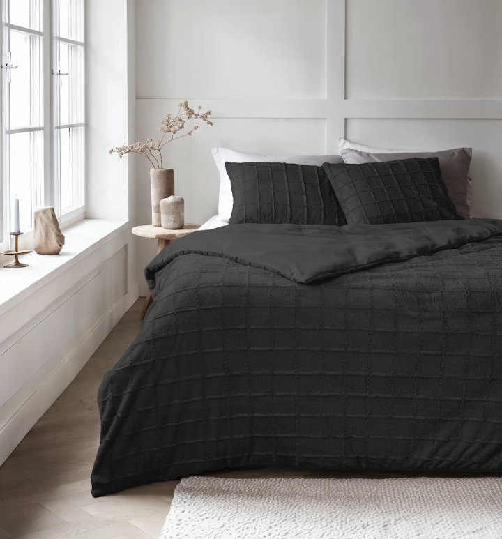 Faux fur dekbedovertrek Check onderkant microvezel - Zwart