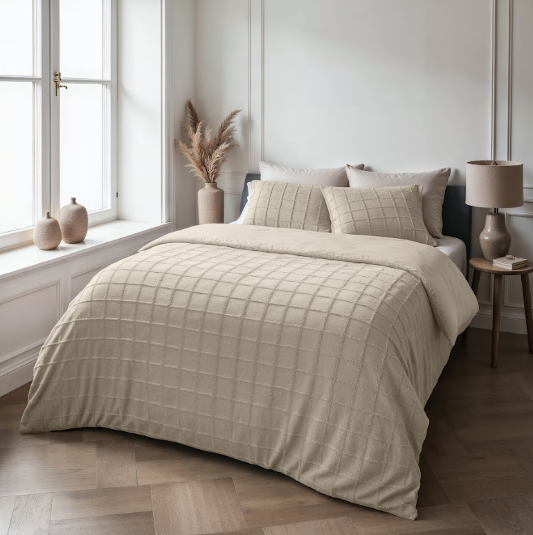 Faux fur dekbedovertrek onderkant microvezel Check - Beige