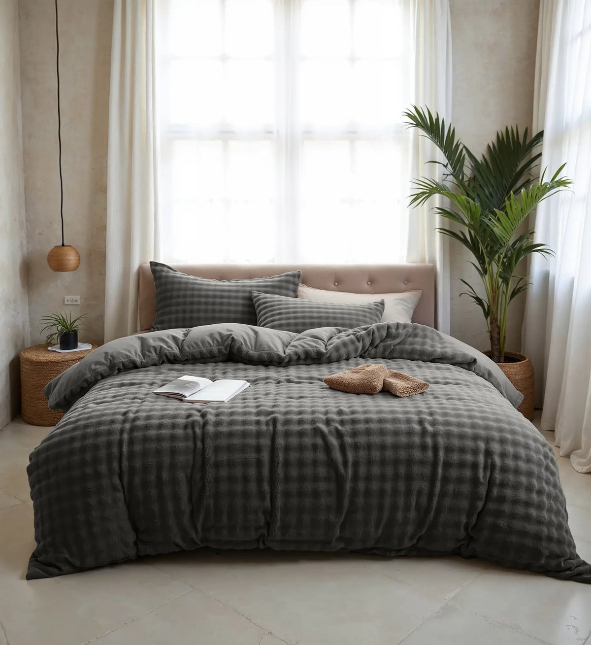Teddy fleece dekbedovertrek Pom Pom - antraciet