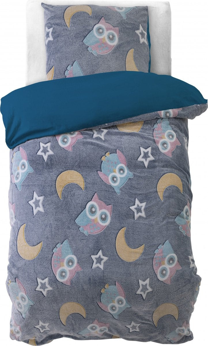 Teddy Fleece kinderdekbedovertrek - Glow in the dark - Owl  - Blauw - 1-persoons (140x220 + 60x70 cm)