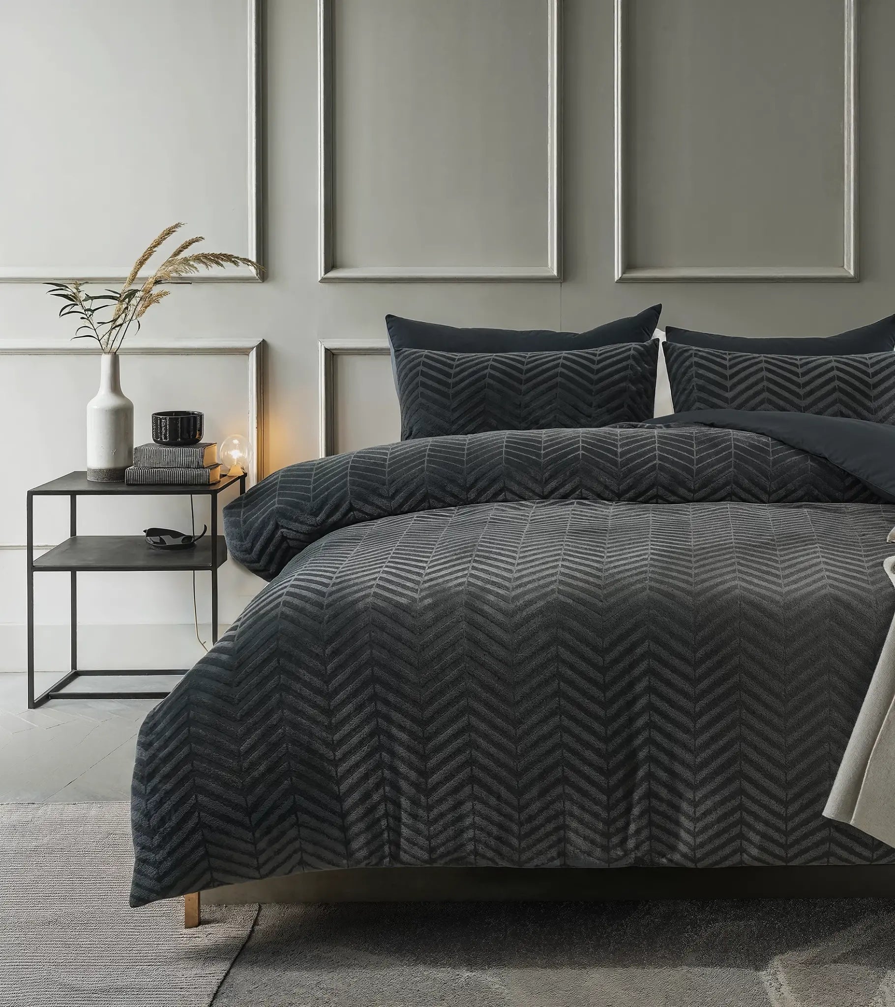 Teddy dekbedovertrek onderkant microvezel - Chevron - Antraciet
