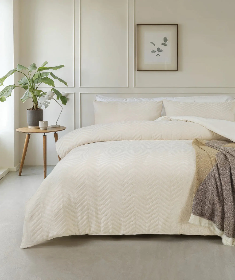 Teddy dekbedovertrek onderkant microvezel - Chevron - crème
