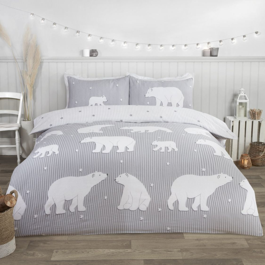 Flanel dekbedovertrek ijsberen - grijs - Lits-jumeaux (230x220 + 2st 50x75cm)