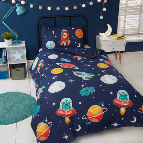 Peuter dekbedovertrek Space glow in the dark - polykatoen - 120x150 + 40x60 cm