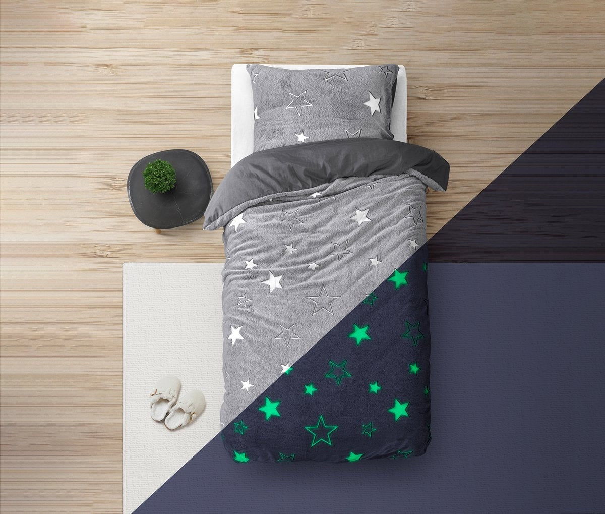 Teddy Fleece kinderdekbedovertrek - Glow in the dark - Stars - Grijs - 1-persoons (140x220 + 60x70 cm)