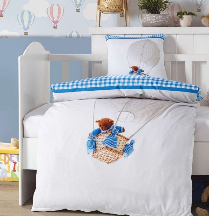 Decoware ledikant dekbedovertrek Luchtballon beer blauw - katoen - 100x140 + 40x60 cm