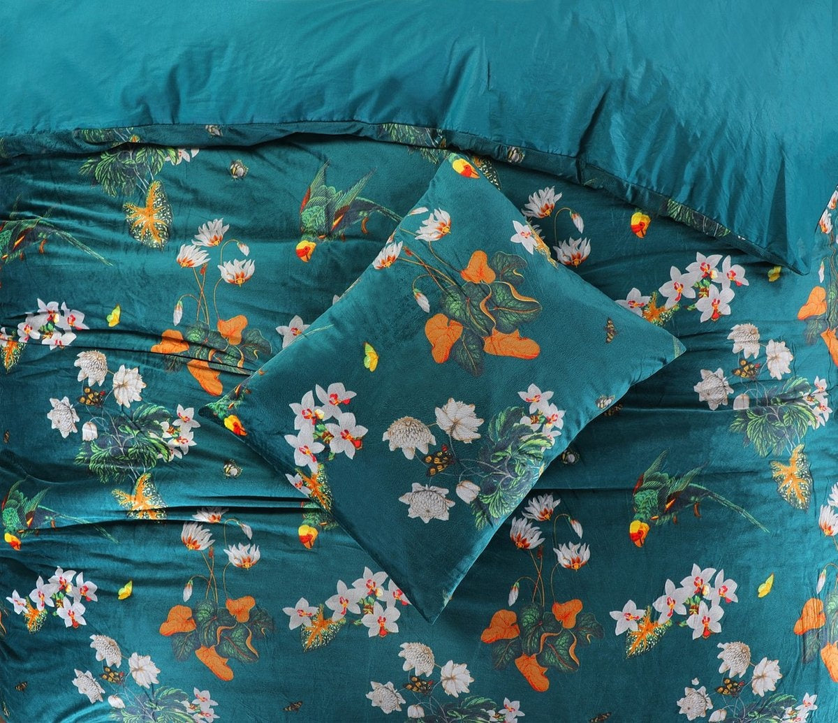 Velvet dekbedovertrek Parrot  - Petrol - Bloemen