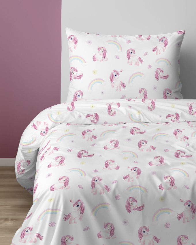 Kinder dekbedovertrek met Unicorn Roze - Katoen - 1-persoons (140x200 + 70x80 cm)